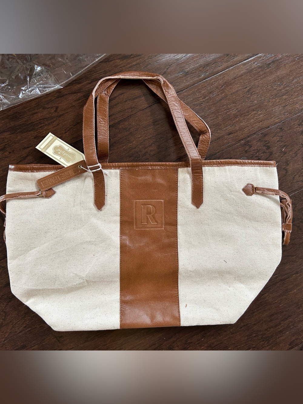 NWT Mud Pie Monogram “R” Cream Canvas Tote with Real Brown Leather Trim 18 x 11”